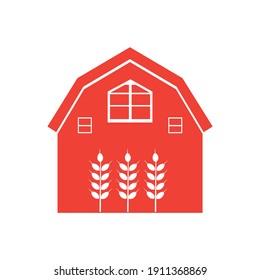 Red barn house logo with wheat plant sign isolated on white background vector illustration.