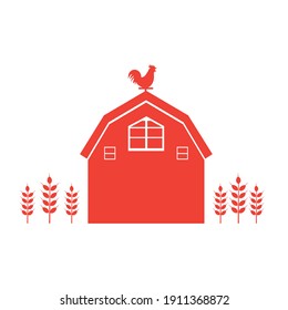 Red barn house logo with wheat plant sign isolated on white background vector illustration.