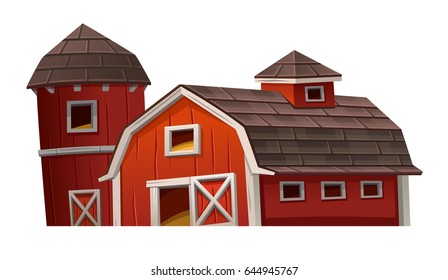 Red barn house on white background. Vector illustration