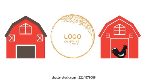 Red Barn House, Wheat Circle Sign And Chicken Barn Logo Isolated On White Background Vector Illustration.