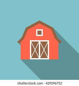 Red Barn Icon With Long Shadow, Flat Design