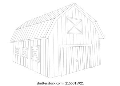 Red Barn Illustration. Countryside View with Red Farm Building. Coloring page. Black outline.