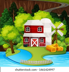 Red barn nature scene illustration