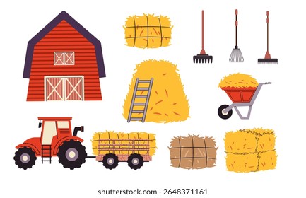 red barn object collection tractor pulling brim hay stacked plow tools wheat agricultural farm equipment hay bales ladder rakes and a pitchfork