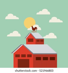 red barn on farm landscape. colorful design. vector illustration