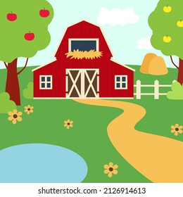 Red barn on the farm. Rural landscape, vector illustration. Farm card.