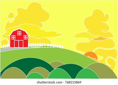 Red barn on a hill in the rural area of rice fields. Evening time and empty space for text.  Background concept development for business cultivation and flat cartoon wide angle view.  -EPS10