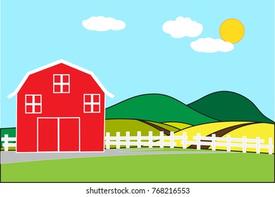 Red barn on a hill in the rural area of rice fields on a bright day and empty space for text. Background concept development for business cultivation and flat cartoon wide angle view.  -EPS10