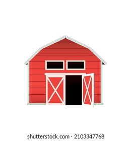 Red barn with an open door. Vector graphics.