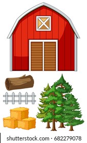 Red barn and other farm elements illustration
