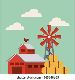 red barn over farm landscape. colorful design. vector illustration 