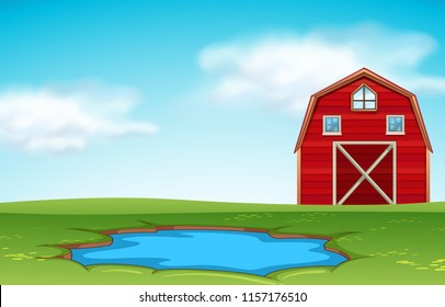 Red barn and pond farm scene illustration