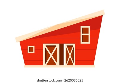 Red barn representing traditional american farming building with wooden doors and small window