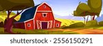 Red barn in rural landscape with fields on hills, green trees and soil road on summer or spring sunny day. Countryside scenery with wooden farm house. Cartoon vector illustration of ranch cattle shed.