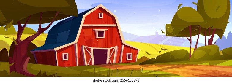 Red barn in rural landscape with fields on hills, green trees and soil road on summer or spring sunny day. Countryside scenery with wooden farm house. Cartoon vector illustration of ranch cattle shed.