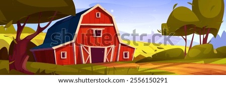 Red barn in rural landscape with fields on hills, green trees and soil road on summer or spring sunny day. Countryside scenery with wooden farm house. Cartoon vector illustration of ranch cattle shed.