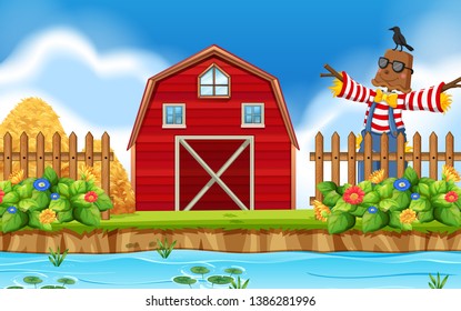 Red barn and scarecrow scene 