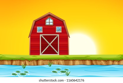 Ilustración de la puesta de sol de la escena del granero rojo