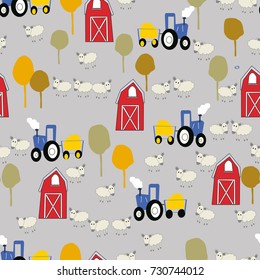 Red barn and the sheep farm seamless pattern