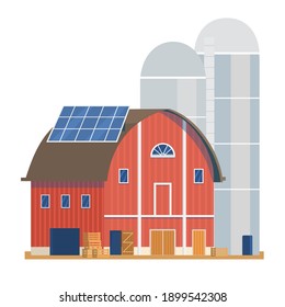 Red Barn With Silo And Solar Panels Flat Vector Illustration. Isolated On White.