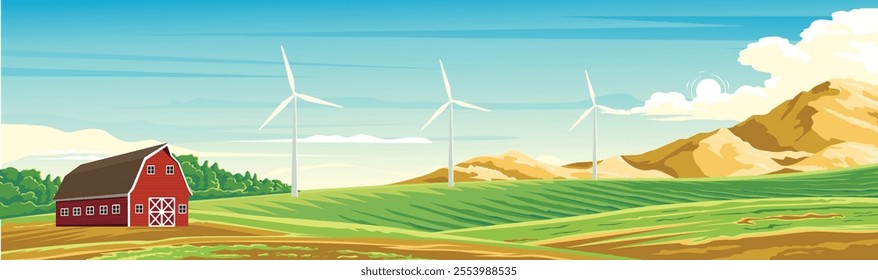 A red barn stands majestically in the middle of green fields with wind turbines and mountains in the background.