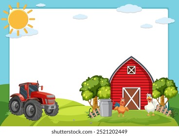 Red barn, tractor, chickens, and trees under the sun