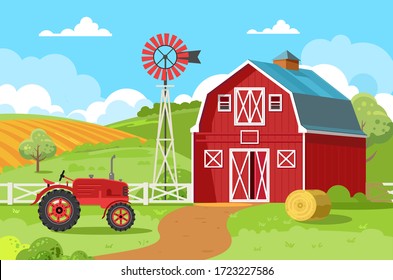 Red barn with a tractor and a round bale of hay. A small family farm surrounded by green fields and trees. Concepts of agriculture, agribusiness, agrotourism. Vector illustration