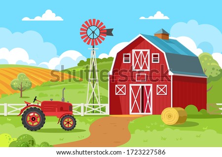 Red barn with a tractor and a round bale of hay. A small family farm surrounded by green fields and trees. Concepts of agriculture, agribusiness, agrotourism. Vector illustration