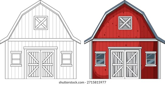 Celeiro vermelho com guarnição branca, cor e contorno lado a lado, estilo vetor limpo, vista frontal