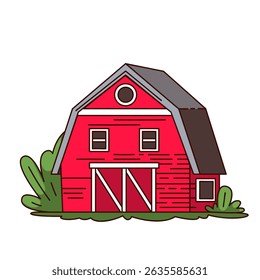 Celeiro vermelho com portas largas, janelas pequenas e telhado cinza cercado por arbustos verdes. Estilo de desenho animado Groovy. Celeiro para temas agrícolas, design infantil ou adesivos. Ilustração vetorial.