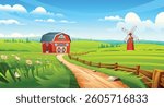 Red barn and windmill along curved dirt path with flowers and wooden fence. Rural farm field landscape. Vector cartoon illustration
