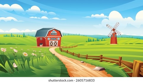 Red barn and windmill along curved dirt path with flowers and wooden fence. Rural farm field landscape. Vector cartoon illustration