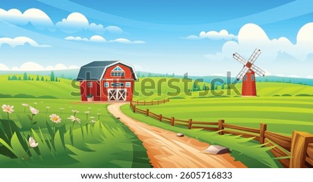 Red barn and windmill along curved dirt path with flowers and wooden fence. Rural farm field landscape. Vector cartoon illustration