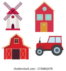 Granero rojo, molino de viento, casa de campo y tractor de estilo plano.