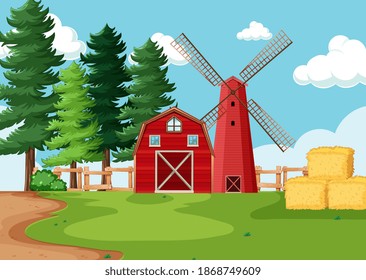 Red barn and windmill in farm scene illustration