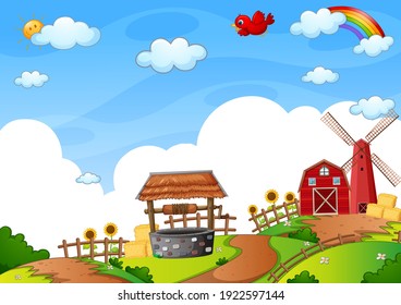 Red barn and windmill in the nature scene illustration