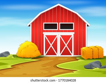 Red barns and haystack in the farmland illustration