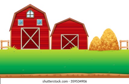 Red barns on the farm illustration