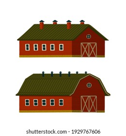 Red barns set. Wooden red Barn houses or stables in rustic retro style. Vector illustration in flat cartoon style on white background