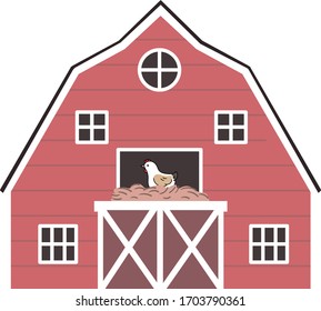 Red barn,There is a henhouse above the gate and the hen is hatching eggs