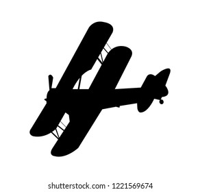 Red baron two winged vintage airplane flying silhouette, isolated on white background