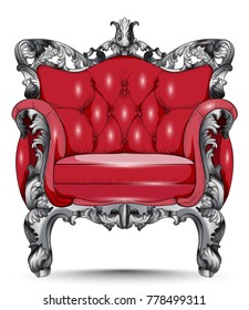 Red Baroque armchair. Furniture with Victorian ornamented fabric. Vector realistic 3D designs