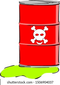 Red Barrel of waste vector illustration. Biohazard waste, Radioactive waste, Toxic waste, Nuclear power fuel manufacturing, disposal and utilization industry concept: 3D render of yellow metal barrel,
