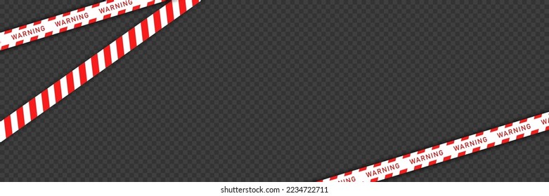 Red barricade tape with white diagonal stripes and text "WARNING" isolated on dark transparent background. Vector template of seamless caution ribbon for web page design