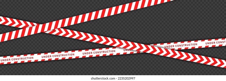 Red barricade tape with white diagonal stripes isolated on transparent background. Vector template of seamless barrier line. Under construction ribbon, warning line