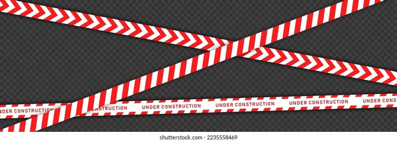 Cinta de barricada roja con franjas diagonales blancas aisladas sobre fondo transparente. Plantilla vectorial de una línea de barrera perfecta. Cinta de construcción, línea de advertencia