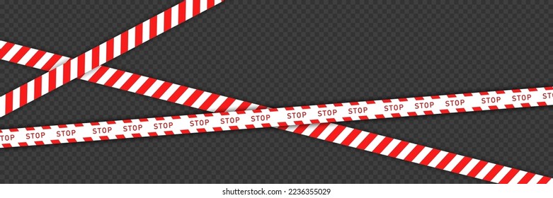 Red barricade tape with white diagonal stripes and text "STOP" isolated on transparent background. Vector template of  seamless warning, caution ribbon for construction works or crime scene