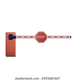 A red barrier arm is down, blocking passage. A red stop sign is attached to the arm.