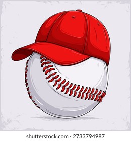 Gorra de béisbol roja que equilibra una pelota de béisbol cosida clásica, capturando el estilo del día del juego, el ambiente de la moda del deporte, y la energía atlética casual de la ropa para la cabeza.