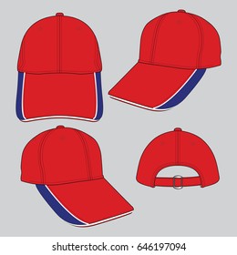 Red baseball cap with blue brim contrast and white piping.
Adjustable closure for a custom fit on gray background, Vector file.